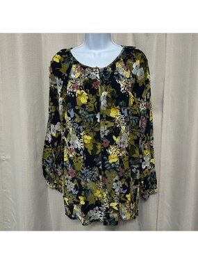J. Jill Long Sleeve Button Front Top Women's Size XL Black Floral Print